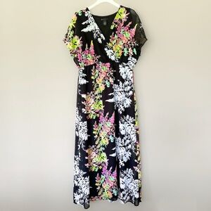 Lane Bryant Floral Maxi Dress Women 14/16 Vneck Empire Waist Flutter Sleeve Blac